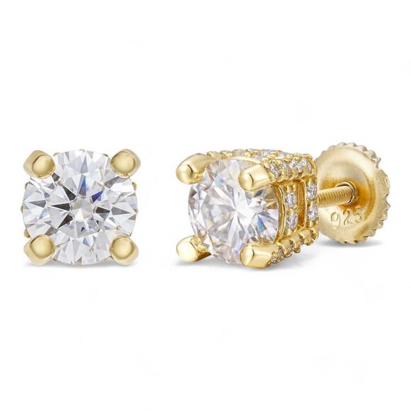 Yellow Gold Sterling Silver Fully Iced Round Solitaire Circle Stud Earrings - Picture 1 of 6